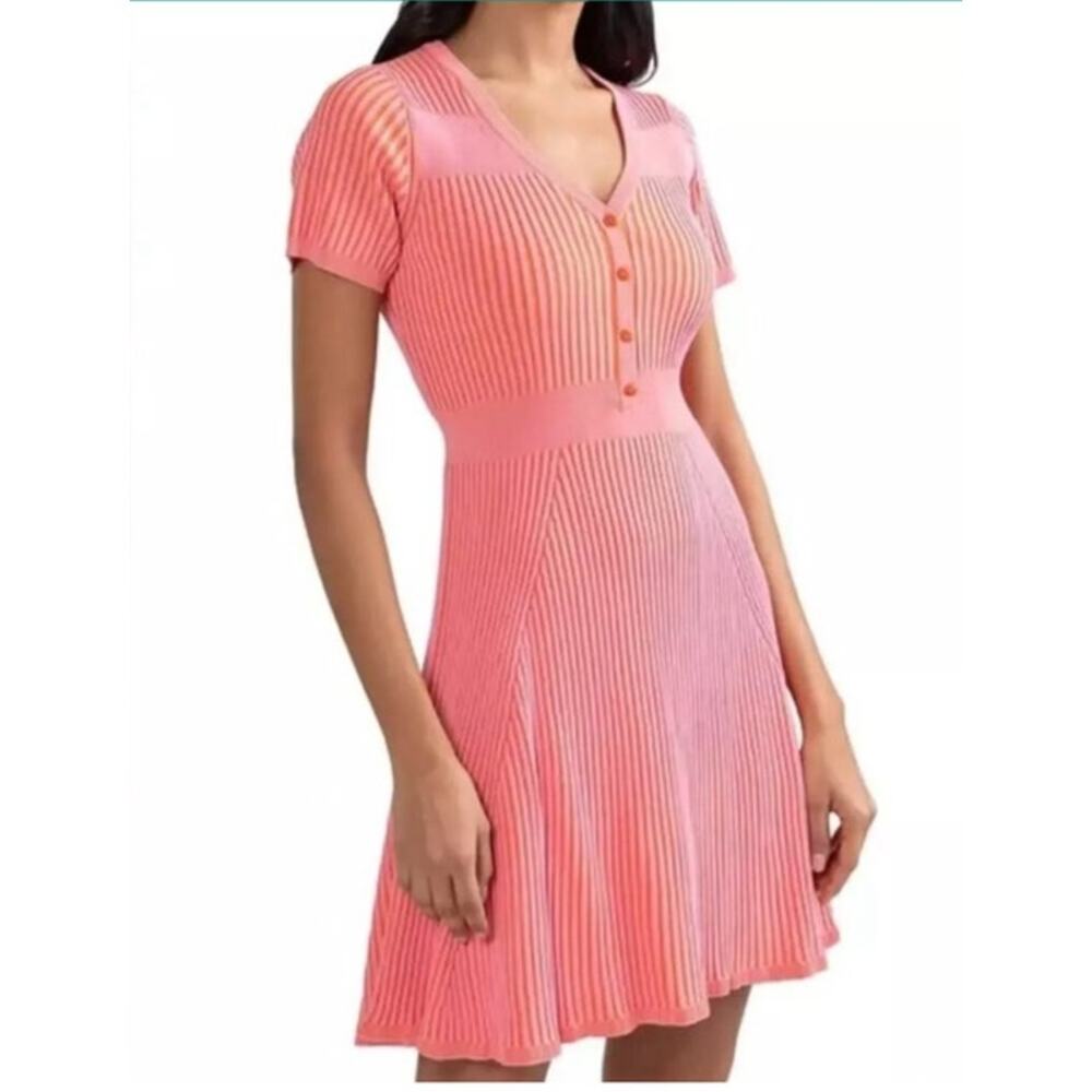Shoshana Ahmi Ribbed SS Ribbed Fitted V-Neck Dress Coral Pink Buttons Size